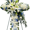 Cross with Blue hydrangea, white carnations, white mums. With a floral break