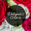 Close-up of red and white roses with a "Designer’s Choice" label