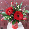 Red gerbera daisies and pink tulips in a red vase