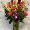Tropical bouquet with orange bird-of-paradise and purple orchids in a glass vase