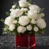 White roses and carnations in a red glass vase