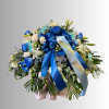 Blue and white floral arrangement with a ribbon reading "Beloved Father"