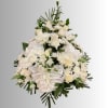 White floral spray with roses, chrysanthemums, and a satin bow