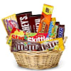 Basket filled with assorted candy bars and sweets