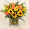 Sunflowers and peach roses in a square glass vase