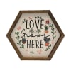 Hexagonal wall sign reading "Love Grows Here" with plant and heart illustrations
