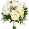 White rose and hydrangea bouquet with green filler and ribbon wrap