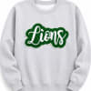 Gray sweatshirt with a green "Lions" patch on the chest