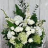White roses and hydrangeas arranged in a white vase with tall greenery