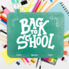 Back to school sign surrounded by colorful school supplies