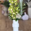 Cymbidium orchid in tall vase with greenery and curly willow (other colors