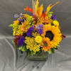 A bright, Colorful Fall Mix in a Cube Vase. Bright punchy colors