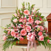 Pink mixed flower basket with roses, lilies, and gerbera daisies