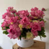  Gorgeous French roses with chrysanthemums in a hat box.