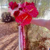 Handheld bouquet of red and pink roses with bright pink anthuriums