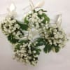 White baby’s breath corsages with cream ribbon and variegated leaves