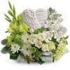 White and green sympathy bouquet with a memorial angel stone