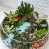 Succulent terrarium in a glass bowl with decorative stones and mini ornaments
