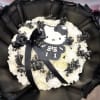 White rose and carnation bouquet with black ribbon and Hello Kitty topper