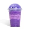 Purple bath product in a clear plastic cup with a domed lid
