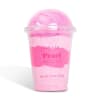 Pink bath product in a clear plastic cup with a dome lid