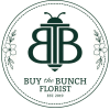 Circular florist logo with floral accents and the text Buy the Bunch Florist