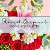 Red roses and white flowers with pink lilies on a soft pink background