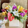 Colorful bouquet with lilies, orchids, and anthuriums in a white vase