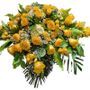 A waterfall of yellow roses that drapes over a closed casket. 