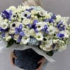 Large bouquet of white and blue flowers held in front of a person