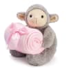 Plush gray lamb holding a pink rolled blanket with a ribbon