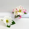 Two white daisy corsages with pink accents and green leaves