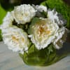 White peony bouquet in a green glass vase