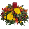 Autumn floral centerpiece with yellow daisies and a red pillar candle