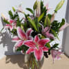 Pink stargazer lilies arranged in a clear glass vase