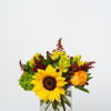 Sunflower and yellow alstroemeria arrangement in a clear glass vase