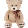 Large tan teddy bear with brown bow sitting upright facing forward