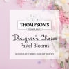 Graphic for pastel designer’s choice flowers with light pink and white blooms on a pink background