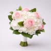 Pink roses and white hydrangeas in a hand-tied bouquet