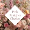 Pink and white mixed flowers with a "Pink Designer Choice" label