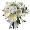 White and cream bouquet of roses and lisianthus tied with a white ribbon
