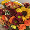Bouquet of orange roses, sunflowers, and burgundy daisies