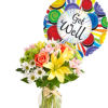 Mixed bouquet in a glass vase with a "Get Well" balloon