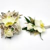 A boutonniere and wrist corsage set featuring pale yellow phaleonopsis orchids, white
