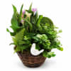 Basket planter with purple calla lilies and assorted green plants, plus a white bird figurine