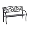 Black metal bench with decorative bird and flower backrest