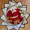 Red rose bouquet with white orchids and gold butterfly accents