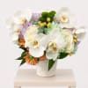 This refined arrangement features luxurious white orchids, soft ivory roses, delicate hydrangea