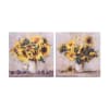 Two paintings of sunflower bouquets in white vases