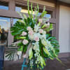 Large standing floral spray with white lilies and pale pink roses